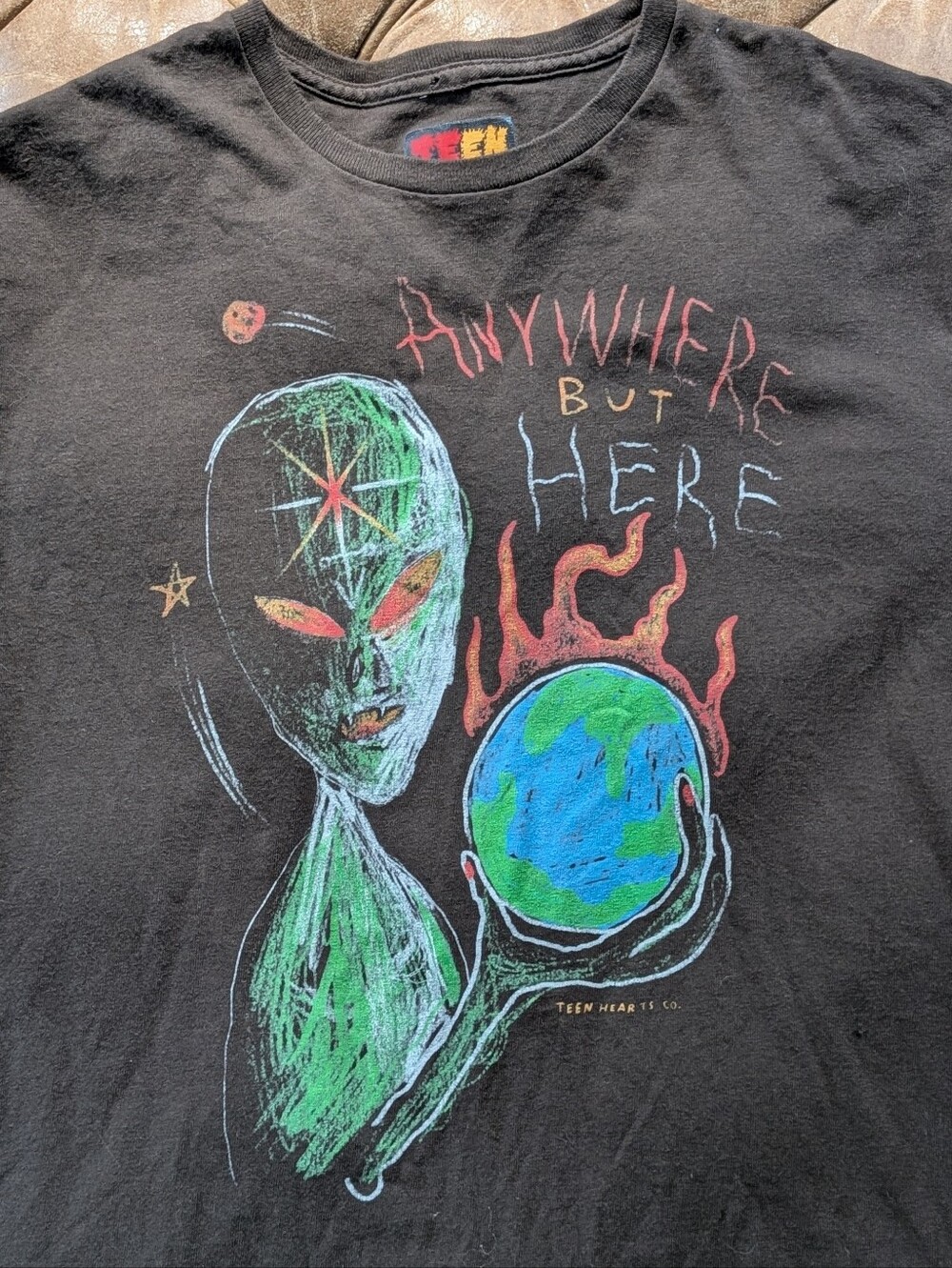 Anywhere But Here Alien Art Print - Black & Green Teen Hearts size Large